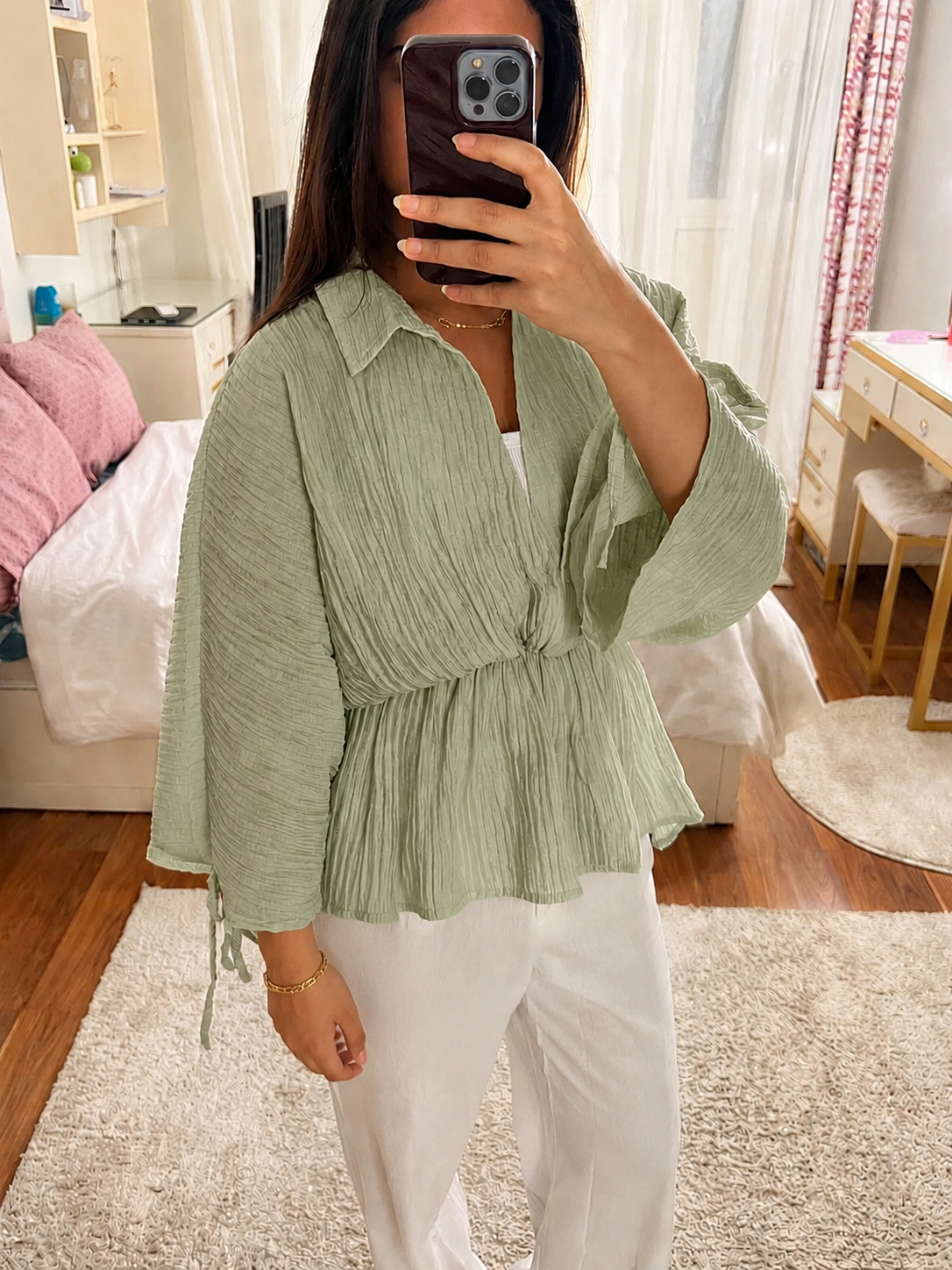 Sage green ruffle blouse